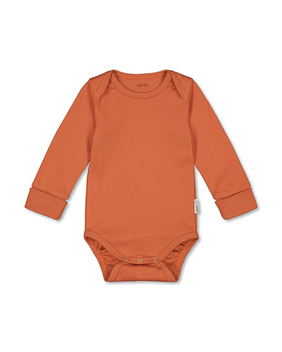 Orange bodysuit with long sleeves. Boat neckline.