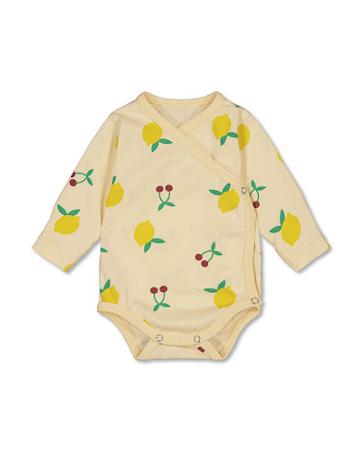 Wrap-around bodysuit with pattern of cherries and lemons.