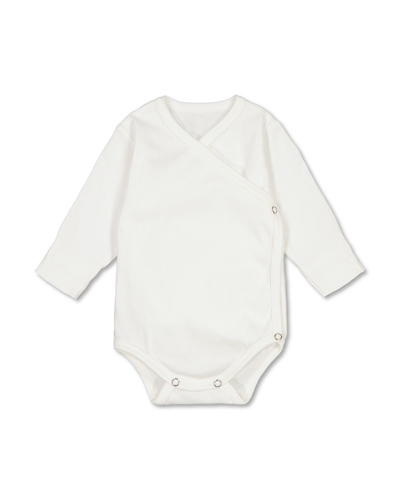 White wrap-around bodysuit with long sleeves, fastened with snap buttons.