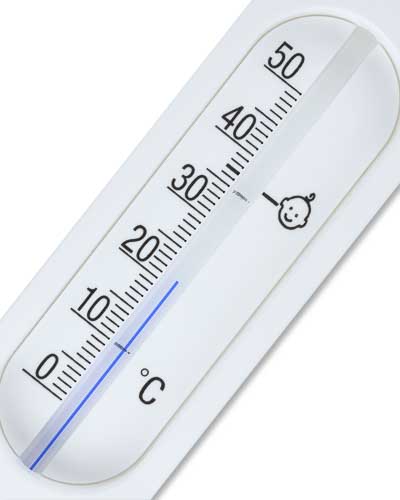 White bath thermometer, black print.
