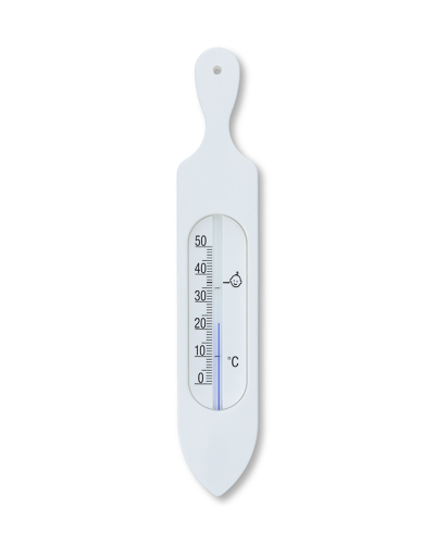 White bath thermometer, black print.