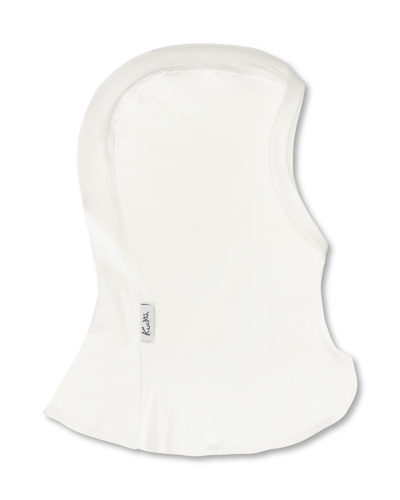 Off-white balaclava hood, stretch fabric around head opening.