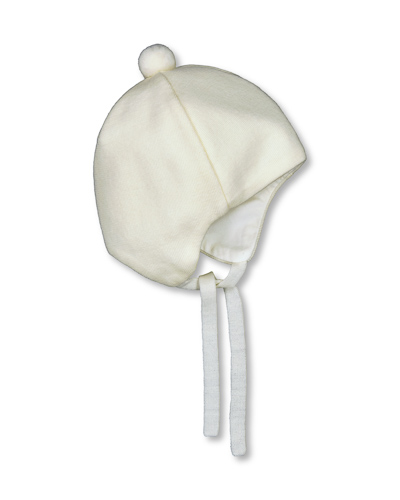 Off-white wool cap, Merino wool, with bobble and strings.