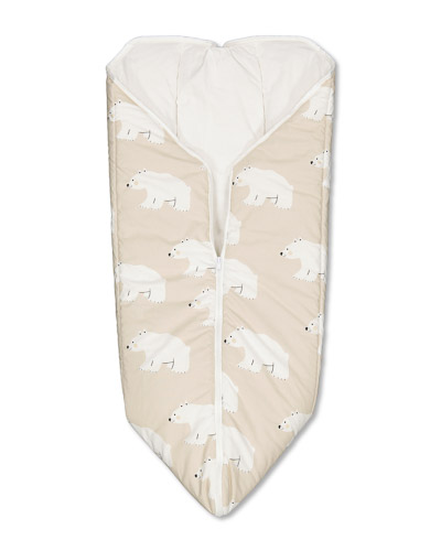 Sleeping bag that can be closed with a zipper. Polar bear motive on beige background, half-open.