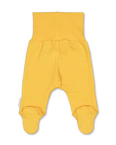 Yellow trousers with foldable stretch fabric at the waist.