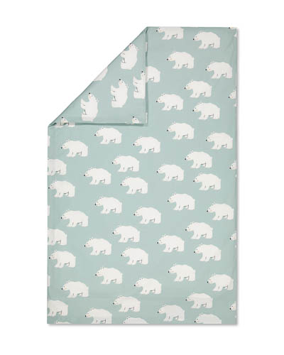 Turquoise duvet cover with polar bear pattern.