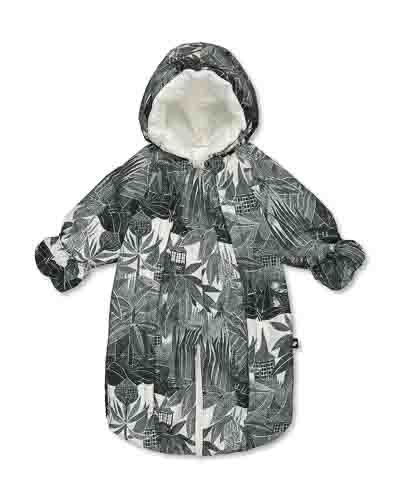 Dark grey snowsuit with Moomin pattern as sleeping bag.