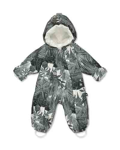 Windproof, dark grey snowsuit-sleeping bag with Moomin pattern.