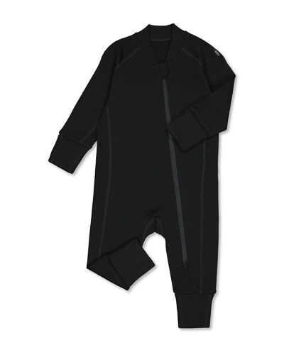 Black coverall of Merino wool, fastened with zipper. 