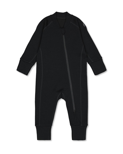 Black coverall of Merino wool, fastened with zipper.