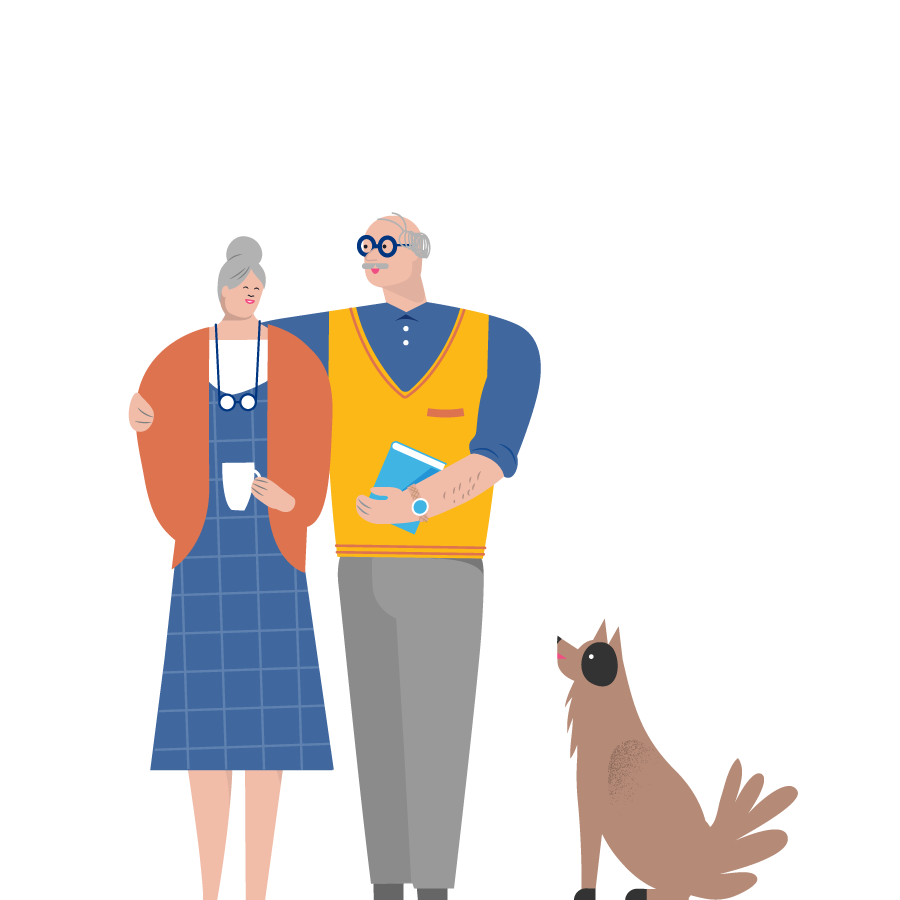 Två pensionärer och en hund.