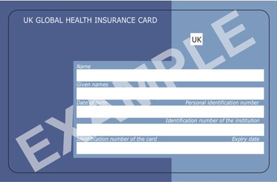 GHIC (Global Health Insurance Card) som är avsett för dem som bor i Nordirland. Kortet är blått och uppe i kortets högra hörn syns bokstavskombinationen UK.