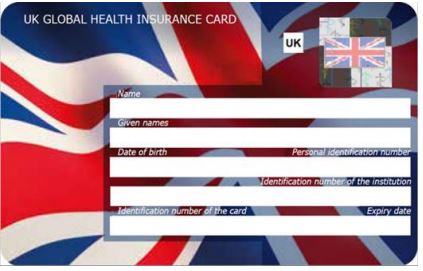 GHIC (Global Health Insurance Card). Kortin tunnistaa Ison-Britannian lipulla kuvitetusta taustasta, kortin oikeassa yläkulmassa olevasta hologrammista sekä kirjainyhdistelmästä UK.