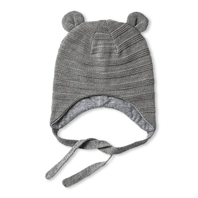 Grey mélange wool cap with bear ears and strings.