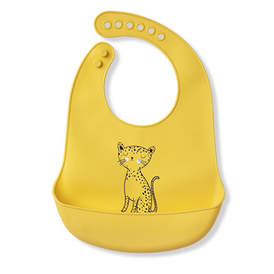 Ocher yellow bib with cat pattern.