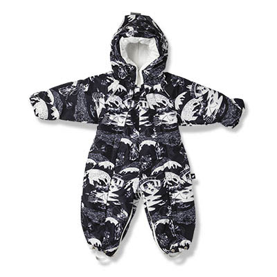 Dark blue snowsuit-sleeping bag with moomin pattern.