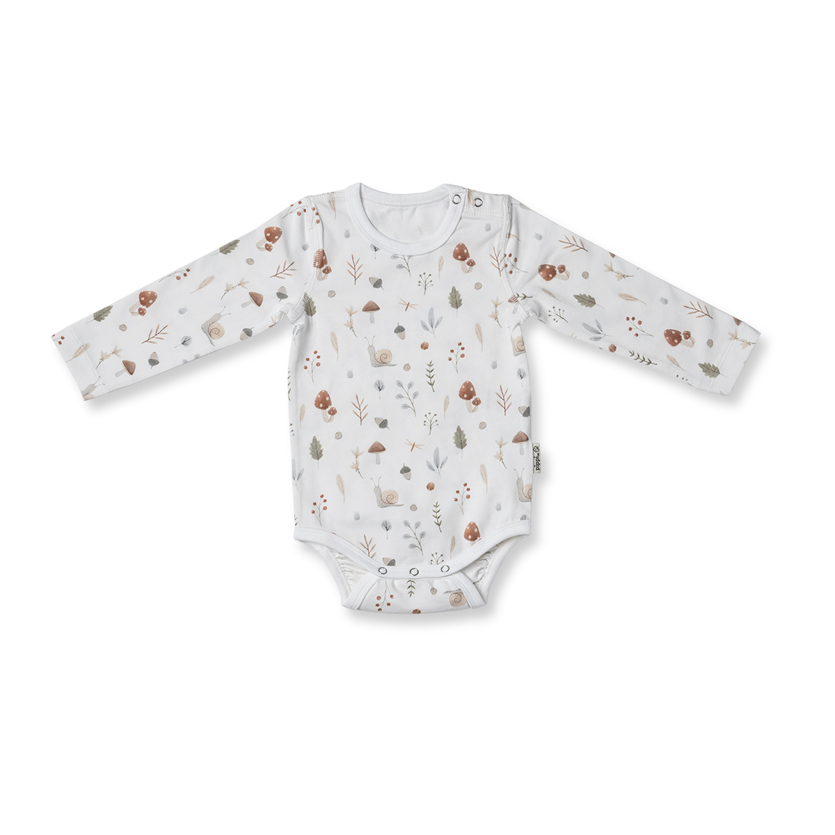 White bodysuit with long sleeves and mushroom forest pattern.