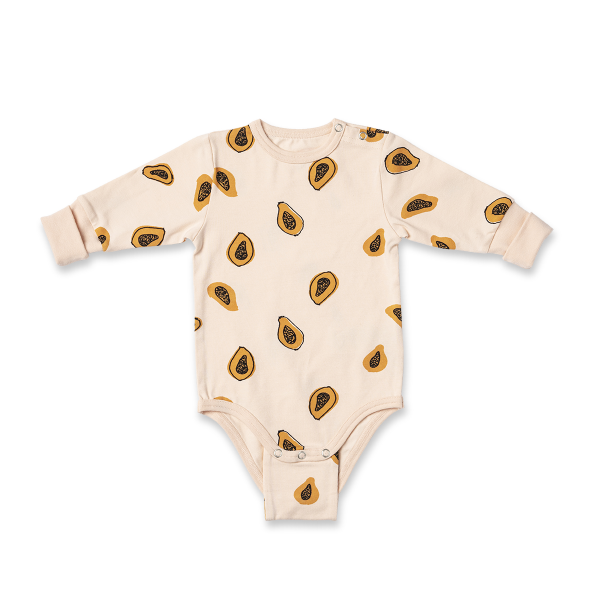 Long-sleeved bodysuit with papaya pattern and extender between the legs.