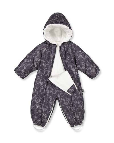 Dark grey snowsuit-sleeping bag with Moomin pattern.