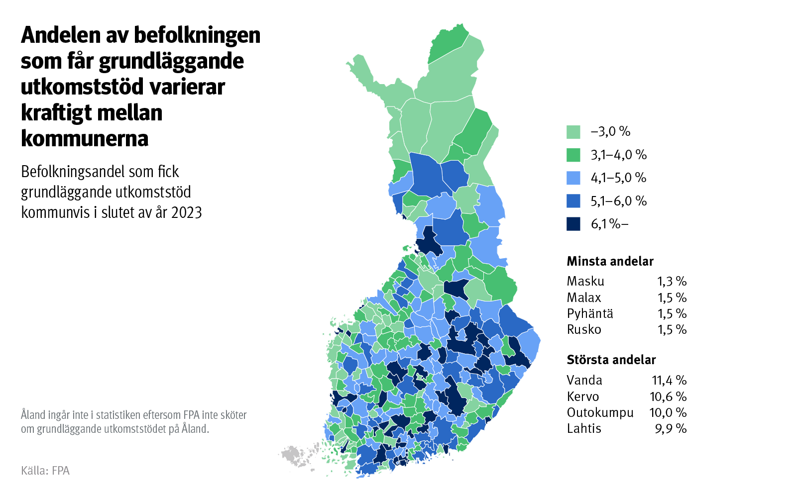 Figur: Befolkningsandel som fick grundläggande utkomststöd kommunvis i slutet av 2023. Av bilden framgår att den andel av befolkningen som får grundläggande utkomststöd varierar kraftigt mellan kommunerna. Som minst är andelen cirka 1,5 procent och som störst över 10 procent.