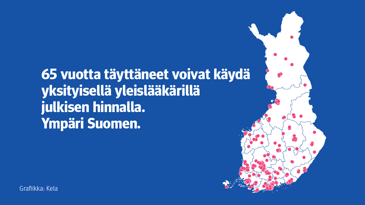 Kuvassa näkyy Suomen kartta ja pisteitä paikkakunnilla, joilla on 65 vuotta täyttäneiden valinnanvapauskokeiluun osallistuvia lääkäriasemia.