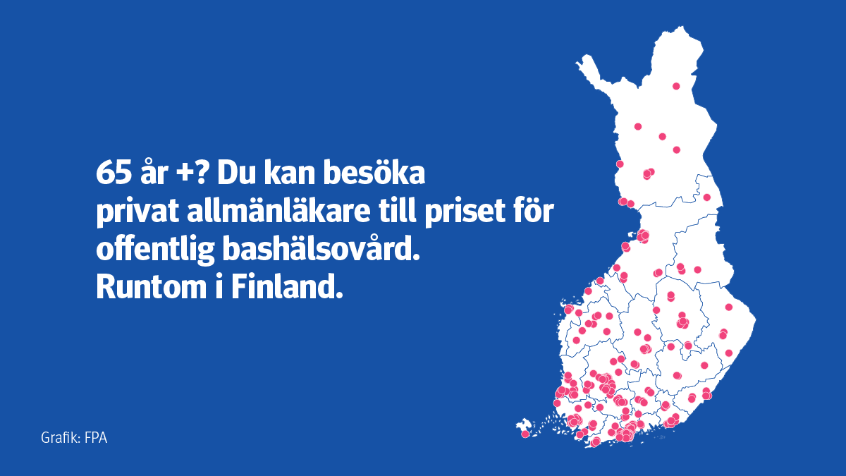 Bilden visar en karta av Finland och punkter på orter där det finns läkarstationer som deltar i valfrihetsförsöket för personer som fyllt 65 år.