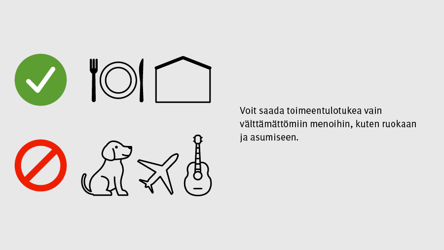 Voit saada toimeentulotukea vain välttämättömiin menoihin, kuten ruokaan ja asumiseen.
