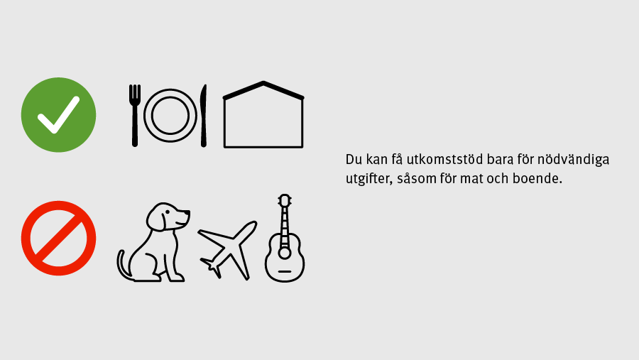 Du kan få utkomststöd bara för nödvändiga utgifter, såsom för mat och boende.