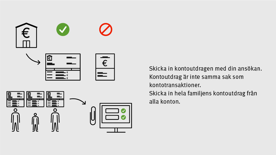 Skicka in kontoutdragen med din ansökan. Kontoutdrag är inte samma sak som kontotransaktioner. Skicka in hela familjens kontoutdrag från alla konton.